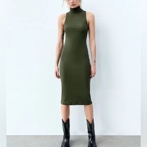 Zara Midi Sleeveless, Ribbed Turtleneck Dress, Green, Medium, NWT